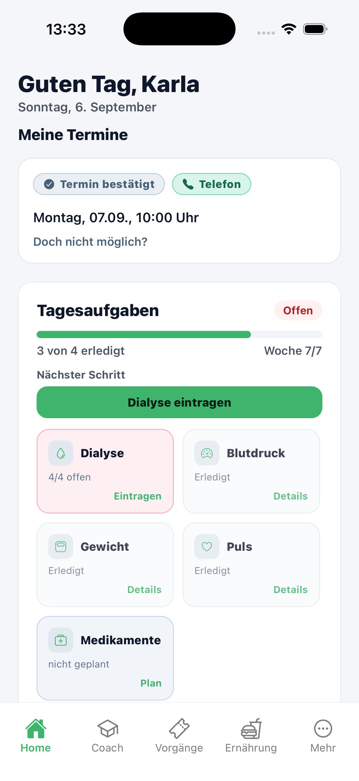 Tagesübersicht in der HDICARE Patienten-App