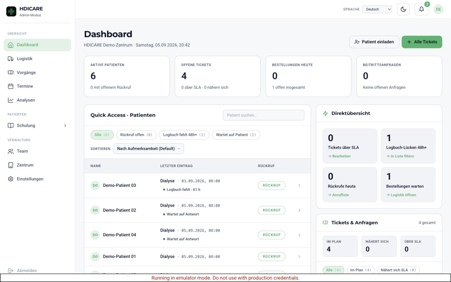 HDICARE Zentrum-Portal mit Demo-Patienten und offenen Vorgängen